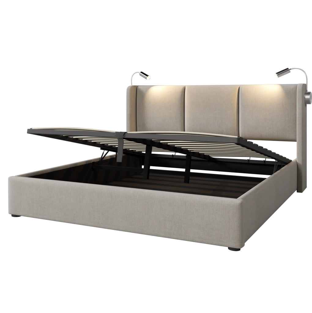 Letto matrimoniale imbottito 140x200 cm con contenitore; luce da lettura e USB; beige in lino