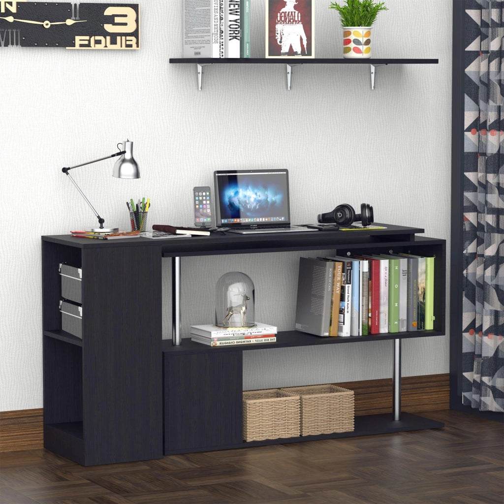 Scrivania Angolare da Ufficio 140x120x78,2 cm con Cassetti e Scaffale Girevole  Nera