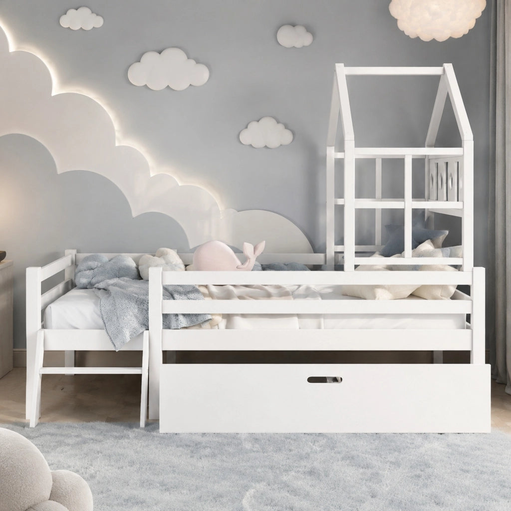 Letto a soppalco per bambini in legno massello con scala e cassetto, 90x200 cm, bianco