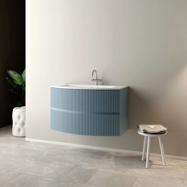 MOBILE BAGNO SOSPESO  CURVO SENZA SPECCHIO MODELLO SANTI 90CM - BASE SOSPESA -LAVABO - AZZURRO POLVERE -SPECCHIO ESCLUSO  - MOB