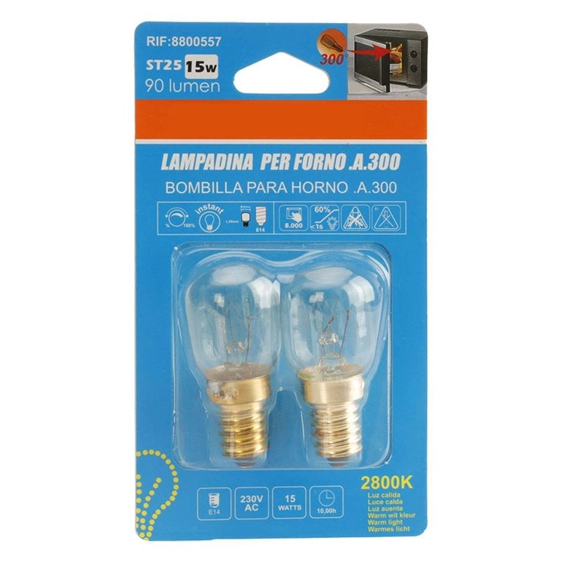 2 Lampadine alogena Forno Microonde E14 ST25 15W 230V 80lm 2800K Resiste fino a 300 Gradi