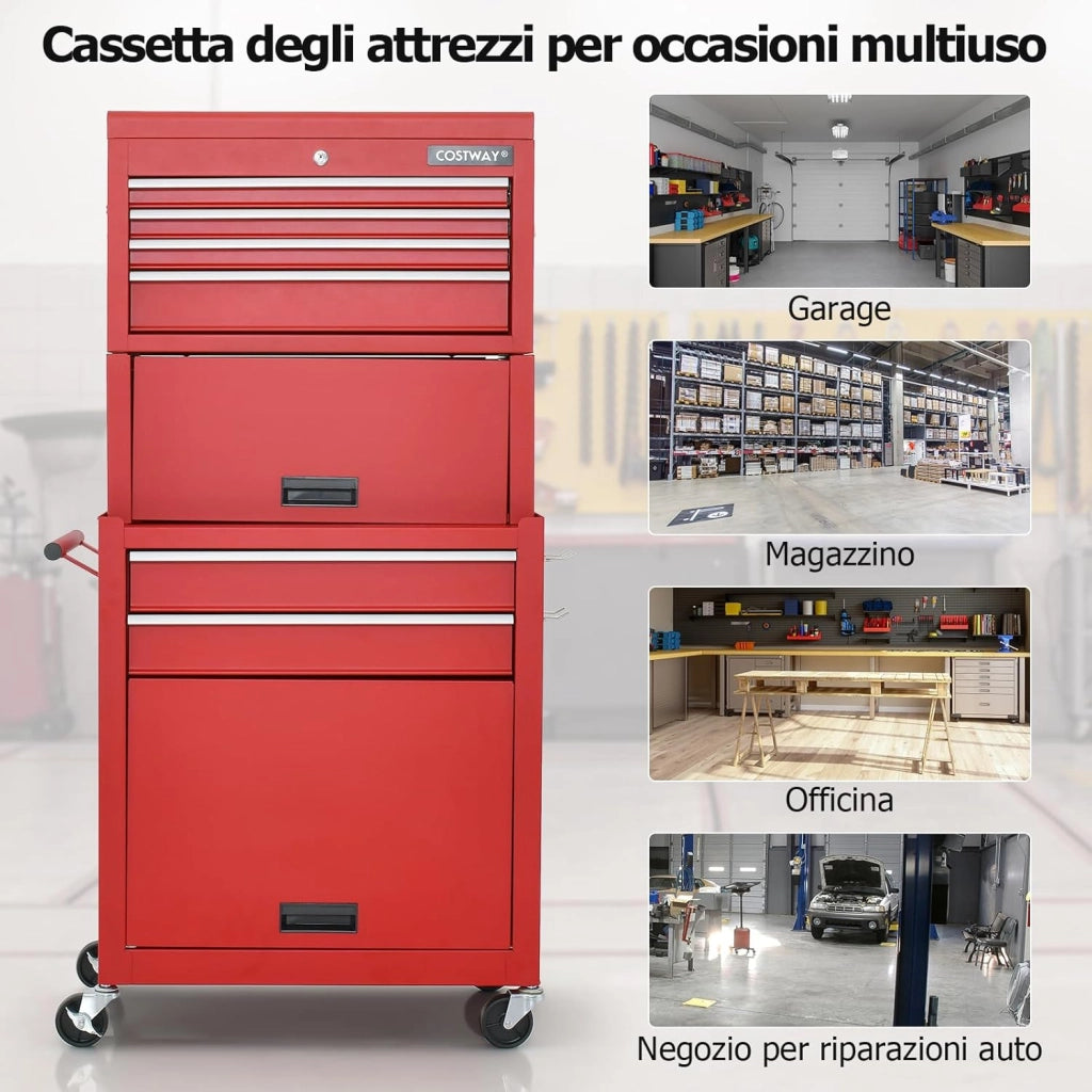 Cassettiera Portautensili a 6 Cassetti, Carrello per Attrezzi con Ruote Bloccabili, con Ripiano rimovibile e Serratura, 61,5 x 33 x 132 cm (rosso)