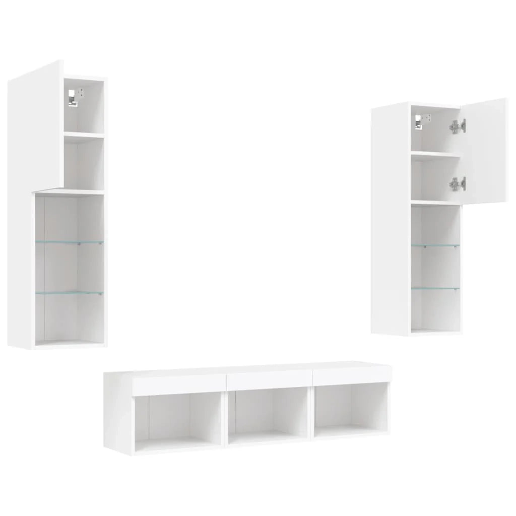 Mobile TV multimediale scaffale TV credenza mobile TV sala da pranzo soggiorno camera da letto con illuminazione a LED 5 pezzi legno ingegnerizzato bianco 02_0029380