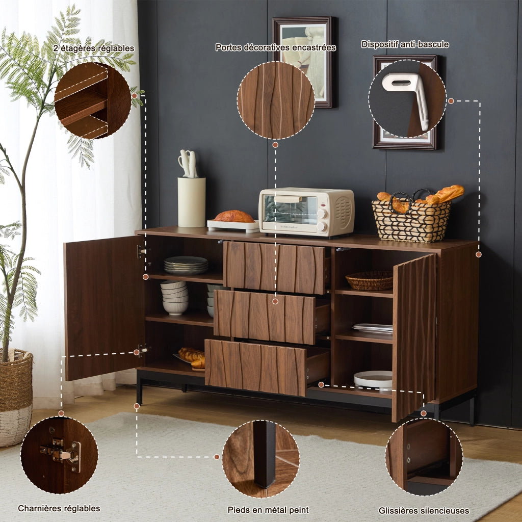 Credenza con 3 cassetti e 2 ripiani regolabili - per soggiorno - in MDF - 150×40×80 cm - marrone scuro