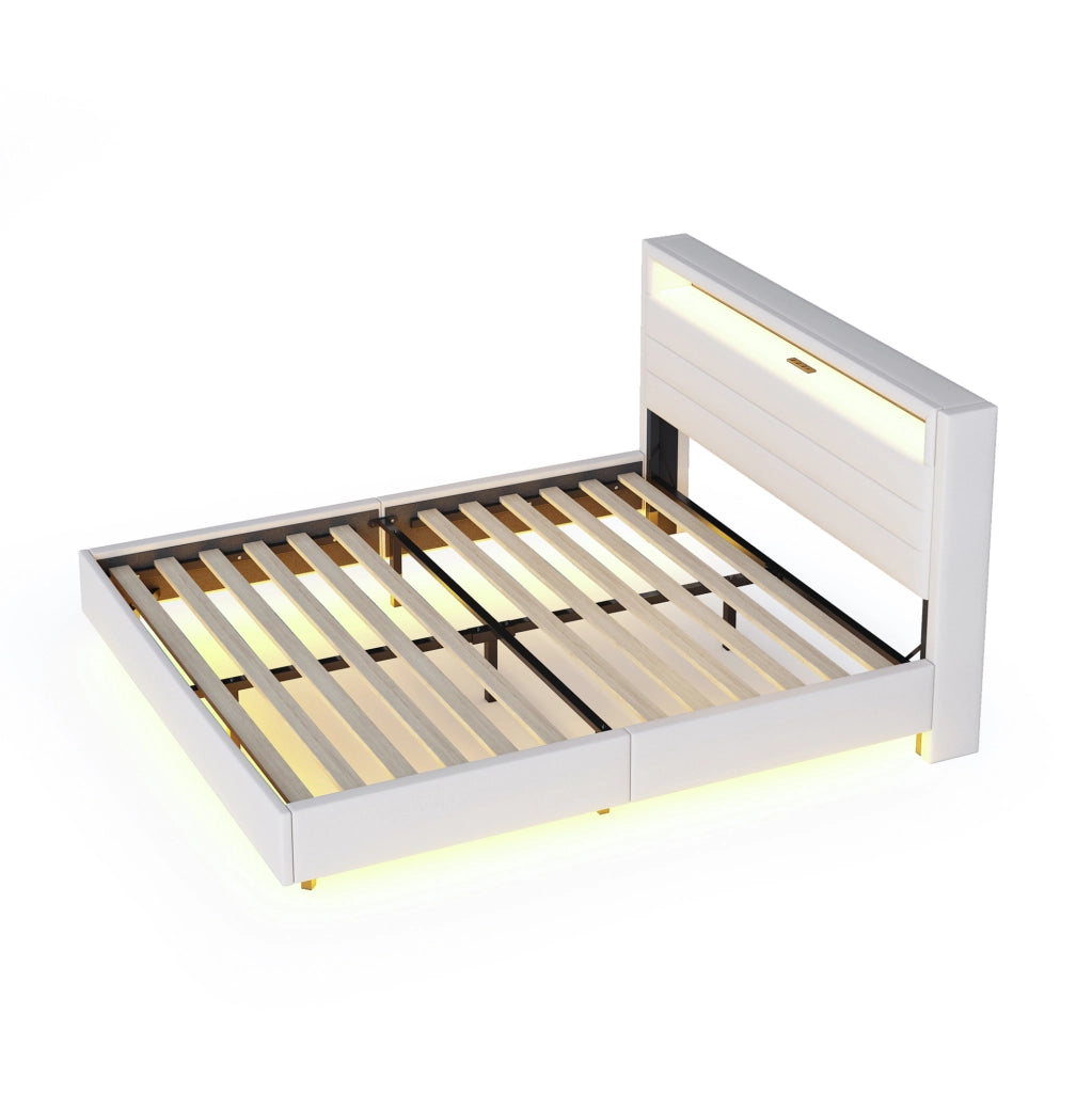 Letto matrimoniale imbottito 160x200 cm con USB e LED; testiera ribaltabile; beige