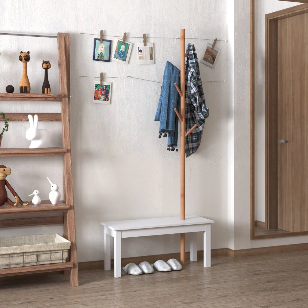 EasyComfort Panca con Appendiabiti da Ingresso, Attaccapanni da Terra in Bambù, Panca da Ingresso Bianca, Design, anche per Camera da Letto, 80x30x180cm, Bianco Legno