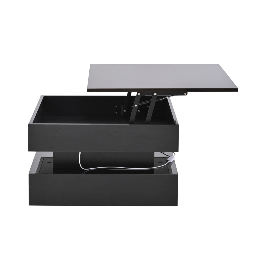 Tavolino da caff猫 65x65x38.5 cm; piano sollevabile con 2 cassetti; pannello truciolare nero