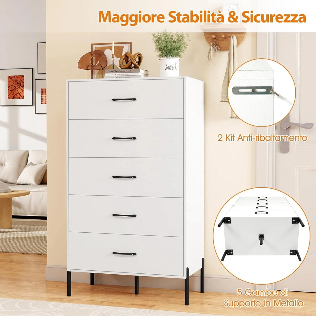 Cassettiera 5 Cassetti, Comò Alta Moderna in Legno con Gambe e Maniglie in Metallo, con Kit Anti-Ribaltamento, per Ufficio, Soggiorno e Camera da Letto, 71 x 40 x 125 cm