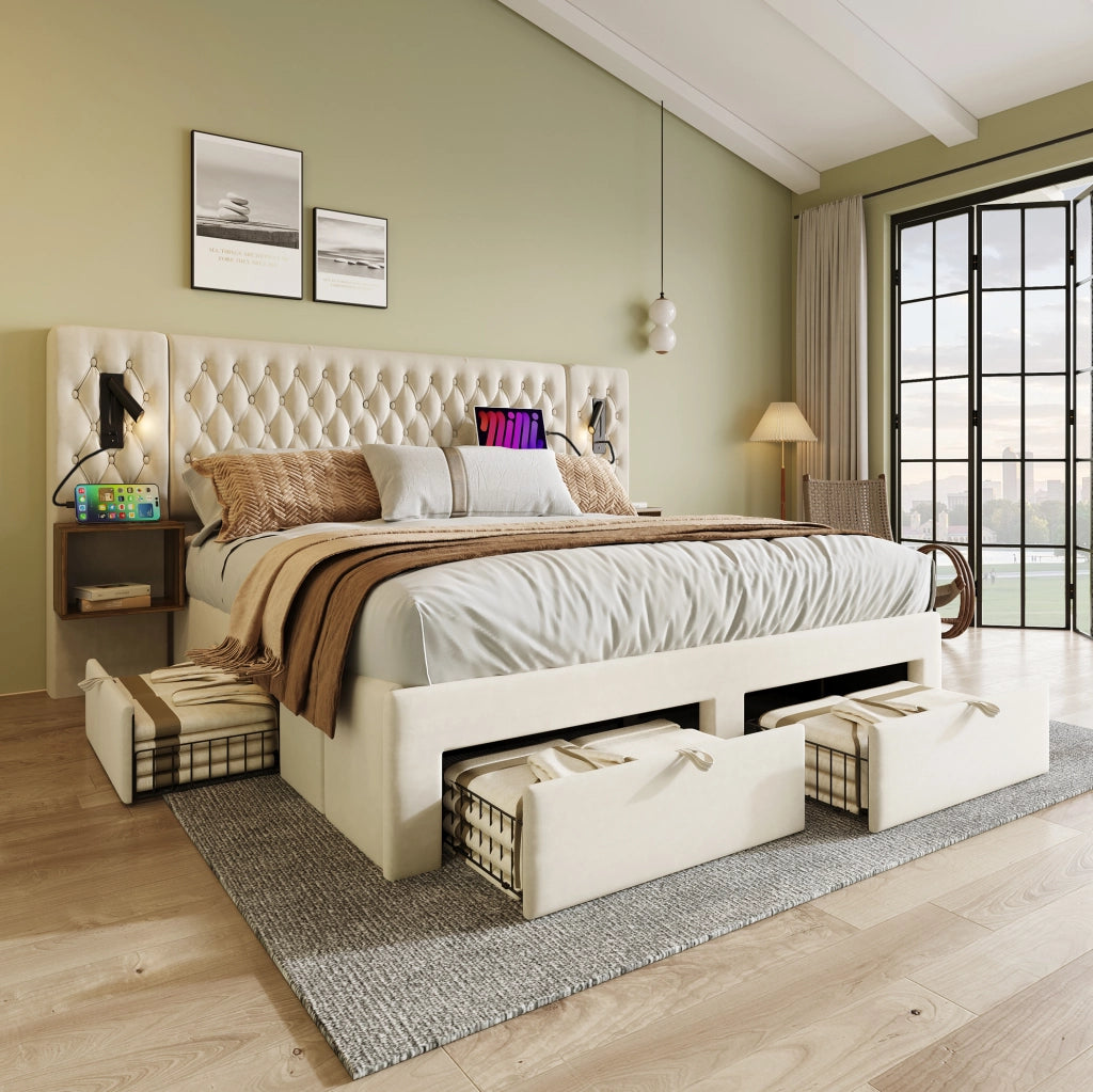 Letto matrimoniale 180x200 cm in velluto beige con 2 comodini; 4 cassetti; luci lettura e ricarica USB Type C