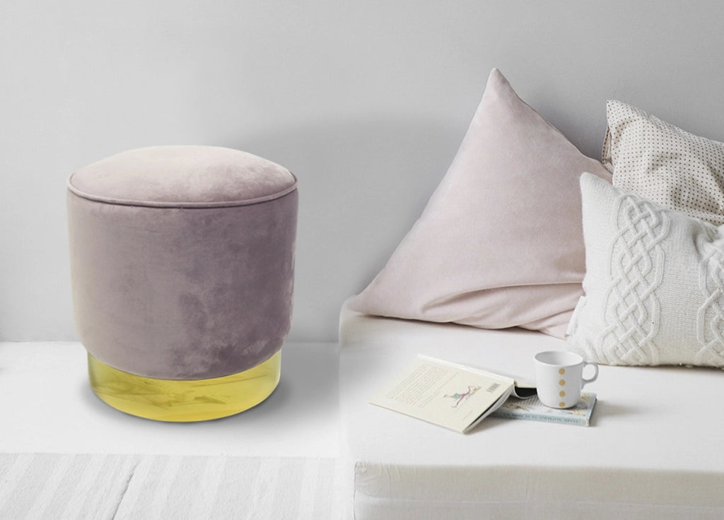 Pouf Sgabello Poggiapiedi Velluto Base Dorata Rotondo moderno Living Bordeaux