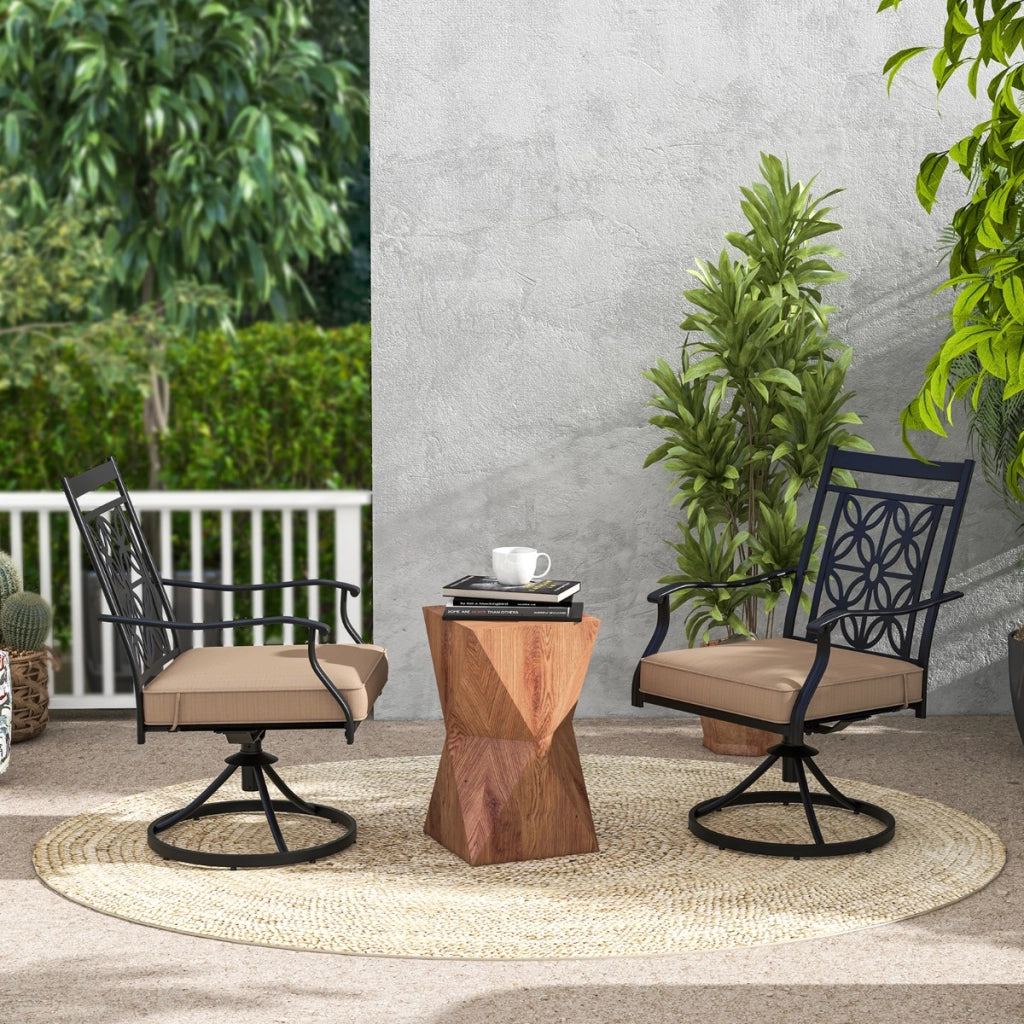 Sedie girevoli per giardino con telaio in metallo cuscino schienale a motivo floreale, Set di 2 sedie da pranzo Marrone-Sedie da esterno