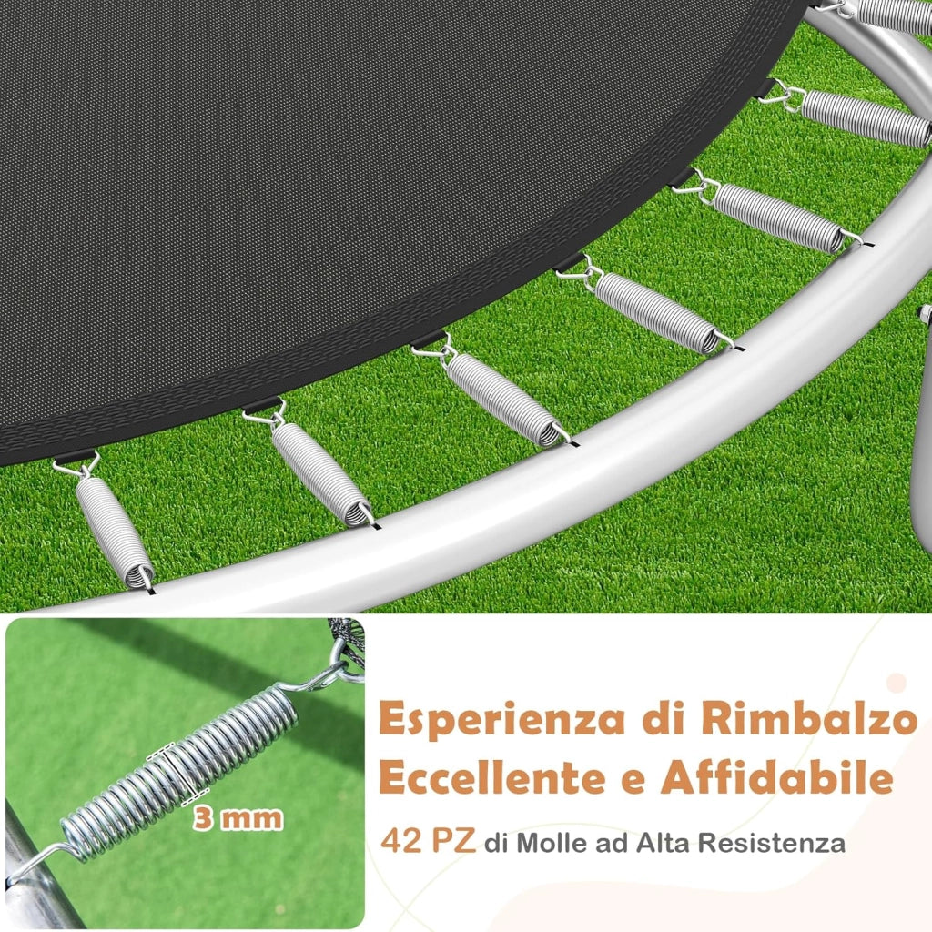 Trampolino Elastico per Bambini e Adulti 244 cm/305 cm/366 cm, Tappeto Elastico da Esterno con Rete di Sicurezza, Scala e Telaio in Acciaio Zincato Antiruggine