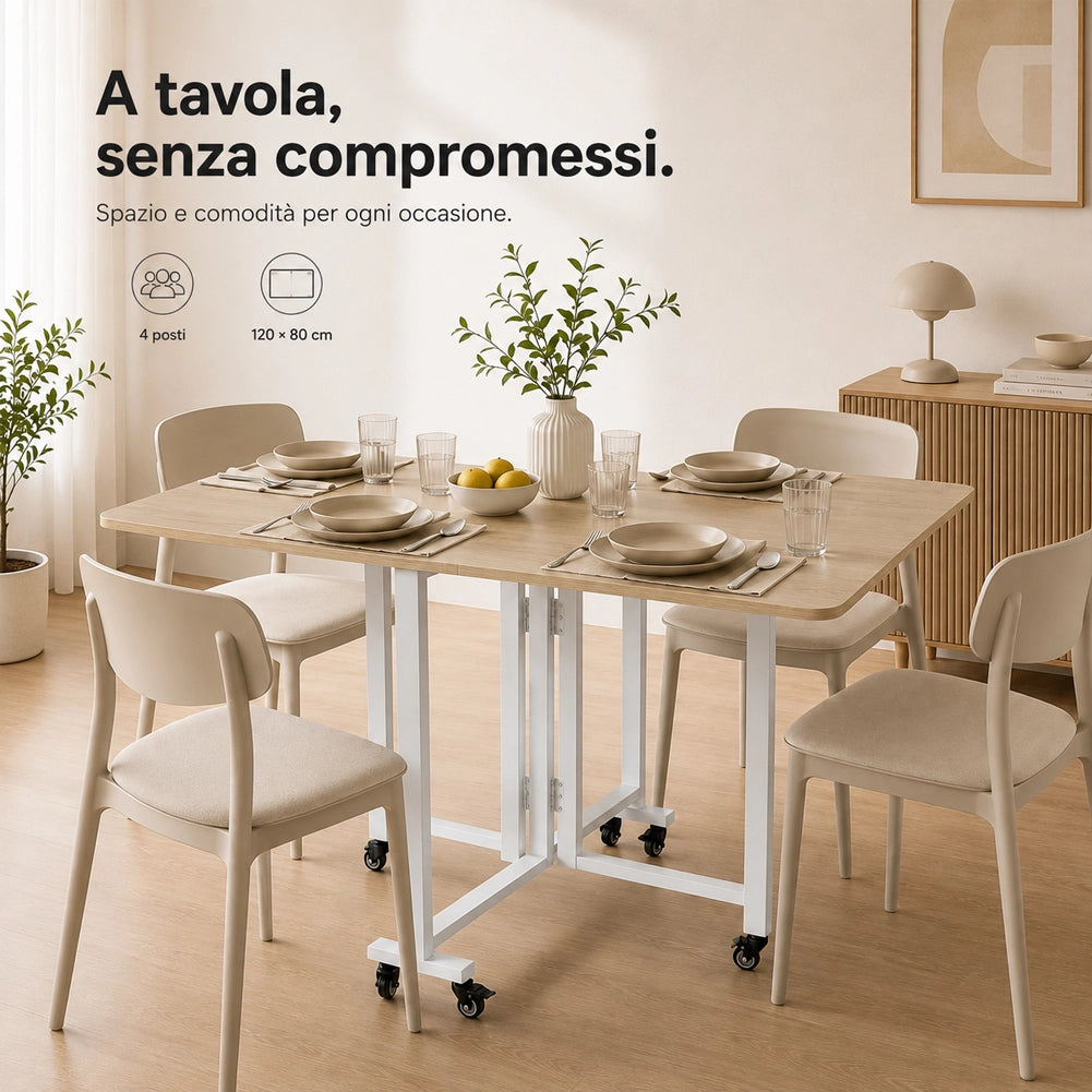 Tavolo Pieghevole da Pranzo Scrivania Multiuso con Ruote Quercia 120x80x75cm