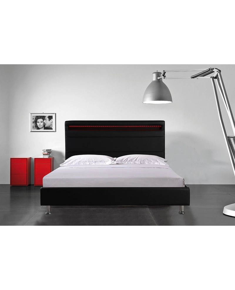 Letto Matrimoniale Moderno Ecopelle Nero, Led 220x174cm