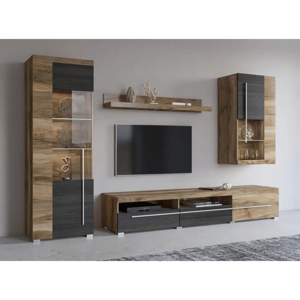 Composizione murale BRAZZA – Mobile TV, vetrine e scaffale – Design noce satinato