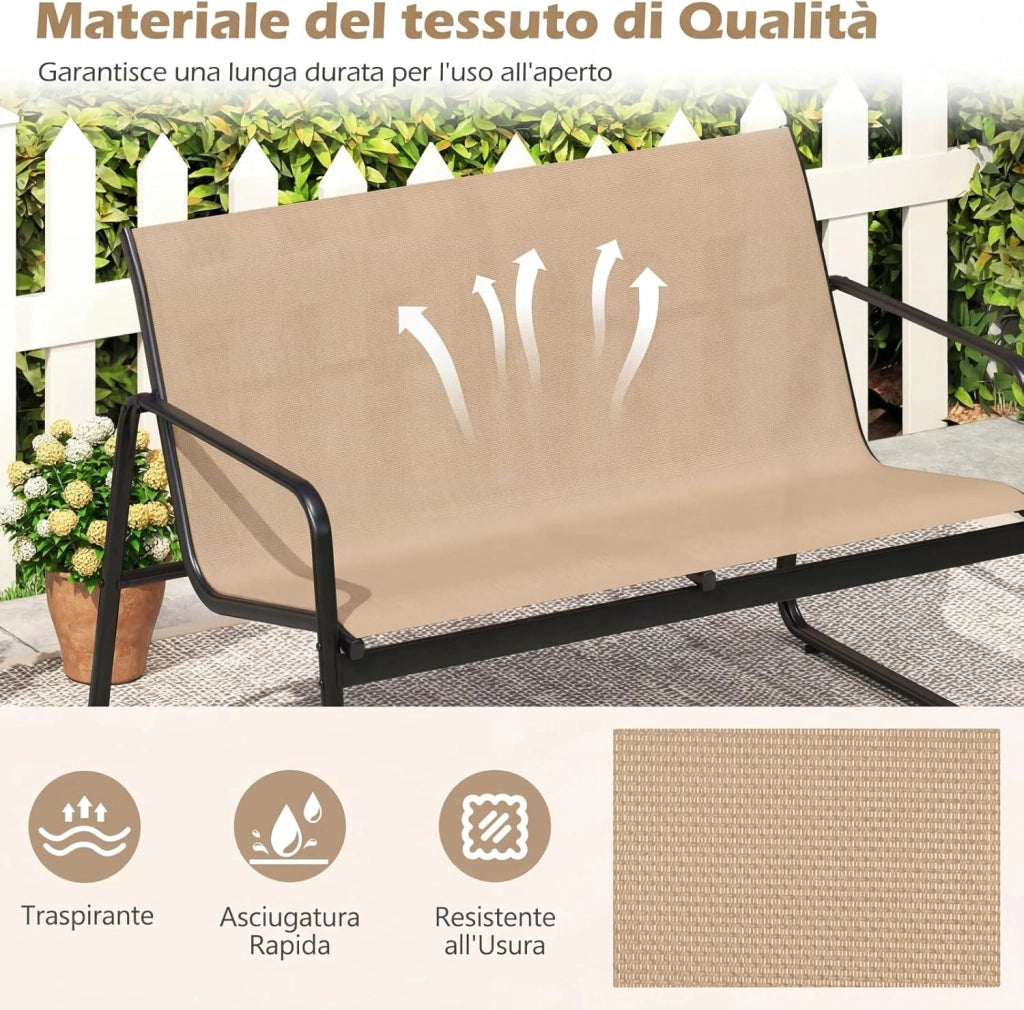 Set Tavolo e Sedie da Giardino 4 Pezzi, Tavolino in Vetro Portato 50 kg, Sedie Portata 150 kg, Panca Portata 300 kg, Set Bistro in Tessuto Textilene, per Cortile Terrazza Piscina (Marrone)