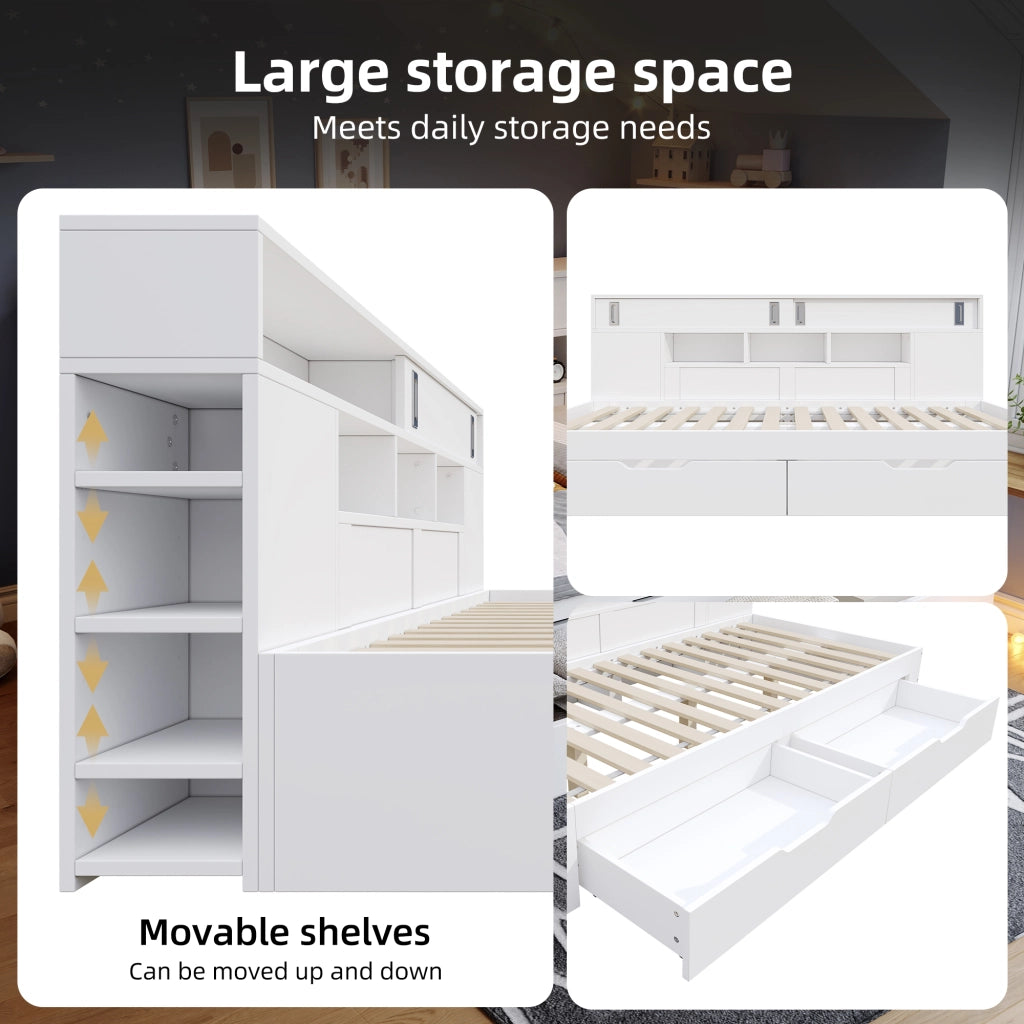 Letto contenitore multifunzione bianco per bambini e ragazzi 90x190 cm con cassetti, mensole e armadio
