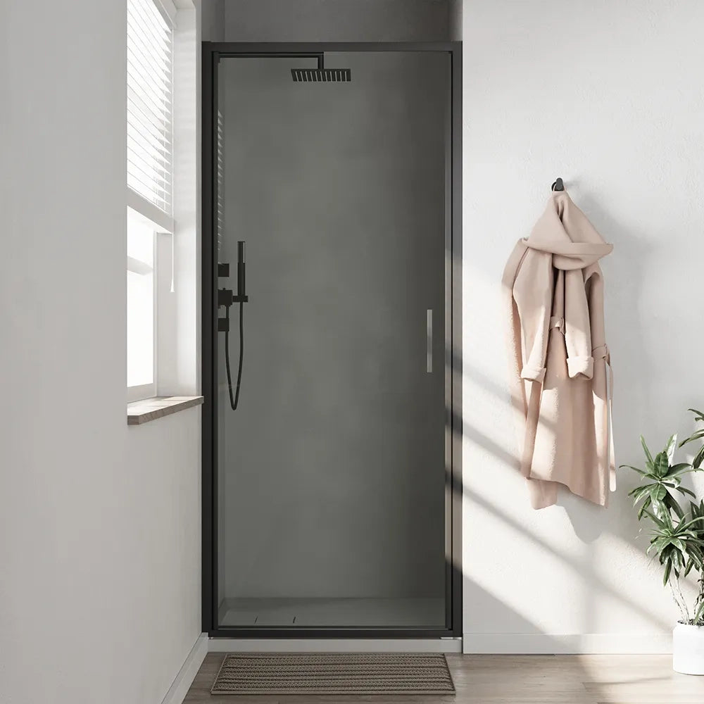 Porta doccia 90cm con apertura a battente profili slim nero opaco vetro 6mm trasparente h190 | Portofino