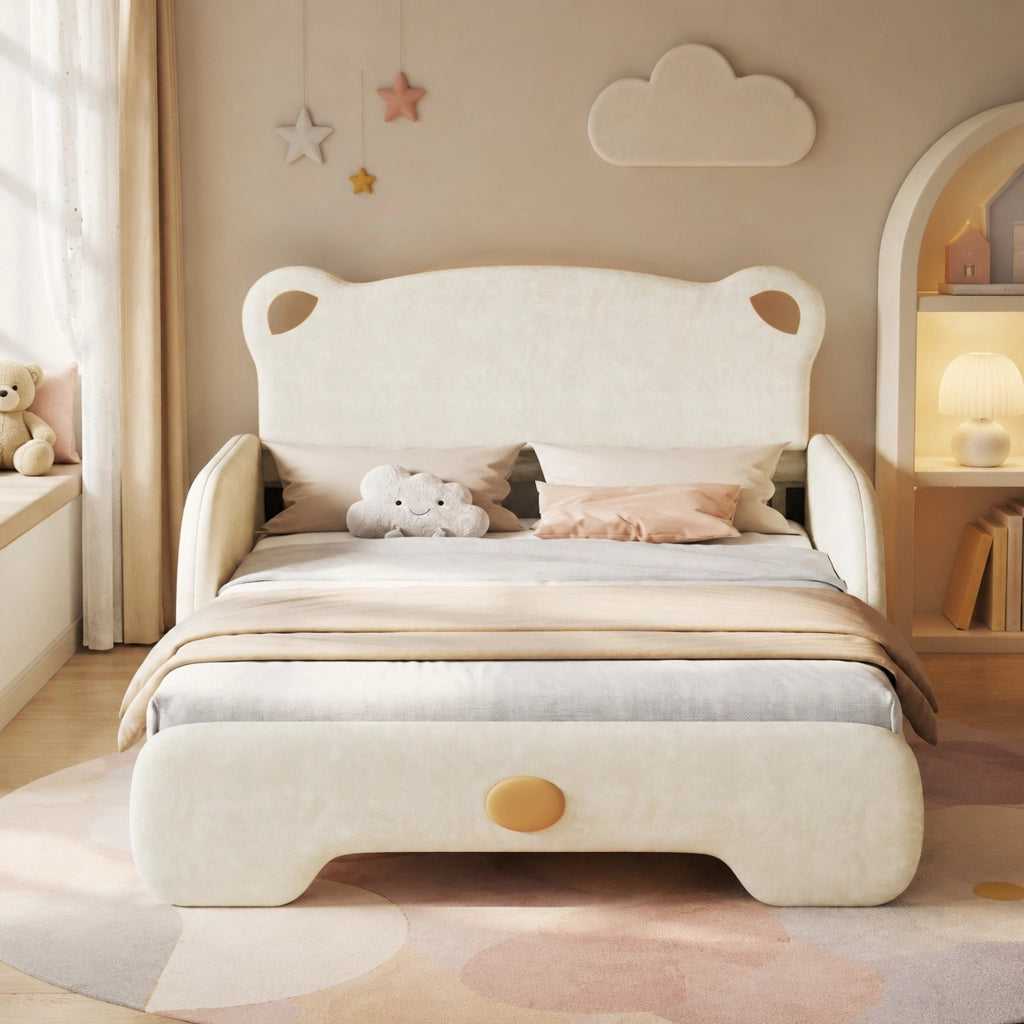 Letto matrimoniale imbottito a forma di orso con secondo letto estraibile; in velluto beige