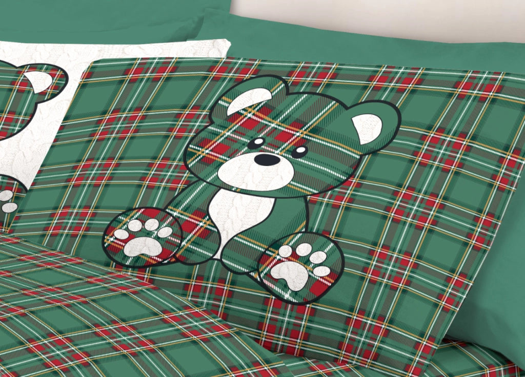 Completo Lenzuola Linea Pensieri Delicati 100% Cotone Disegno Orsetto Tartan - Singolo - Verde