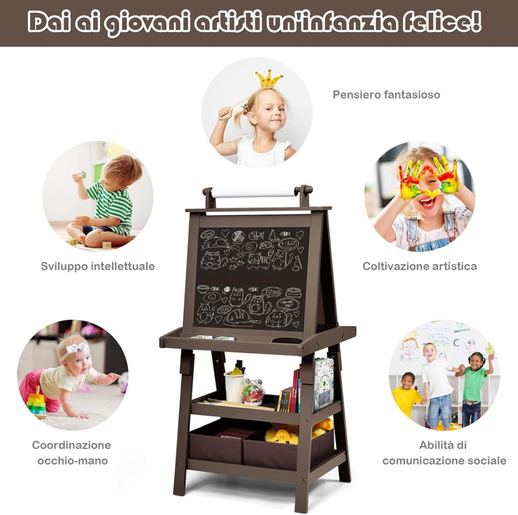 3 in 1 Cavalletto per Bambini con Doppia Faccia, Cavalletto per Disegno con 2 Vassoi e 2 Scatole, Lavagna Bambini in Legno (Caffè)