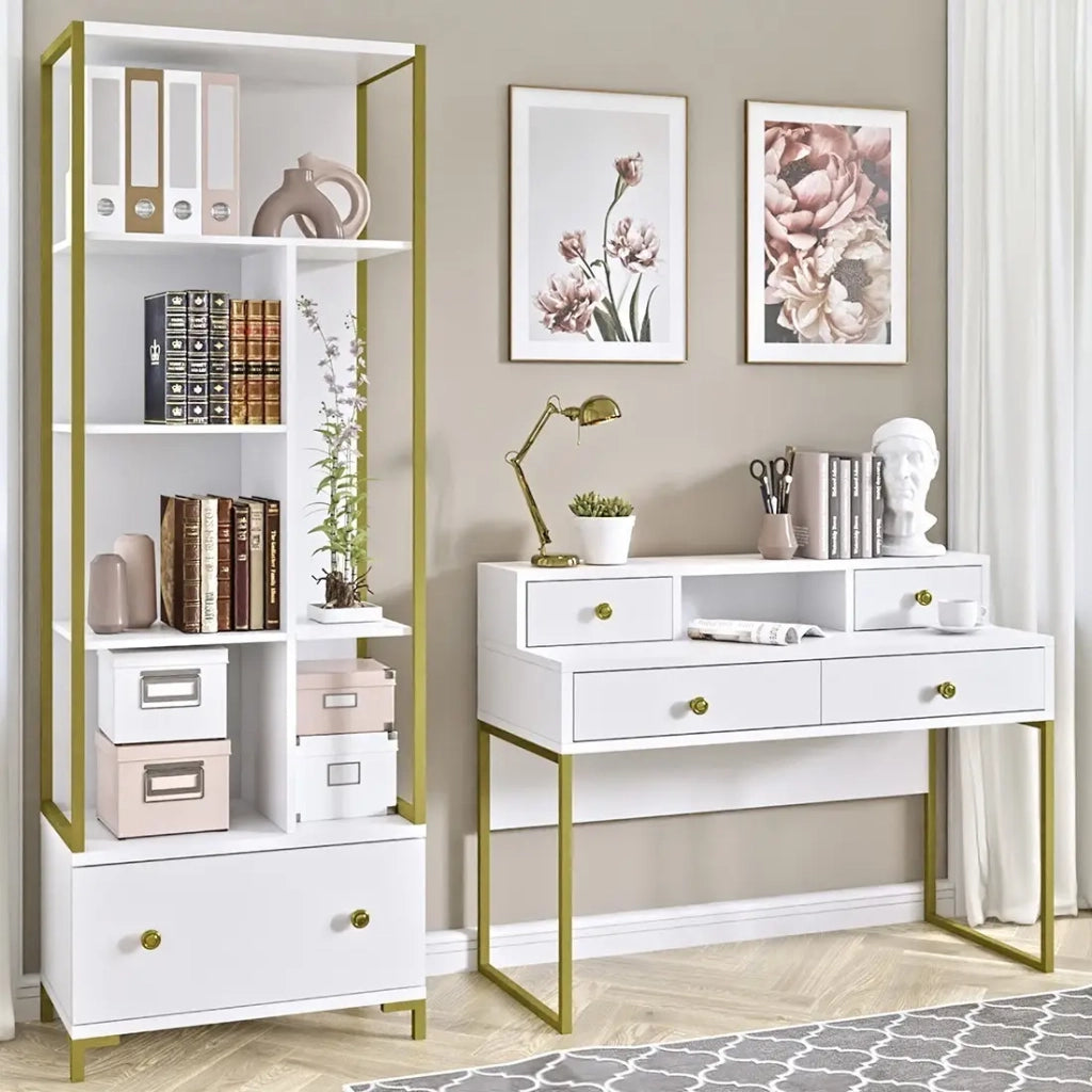 Consolle da ufficio design collezione DOUGLAS con quattro cassetti e uno scomparto, colore bianco, 120 x 95 x 50 cm