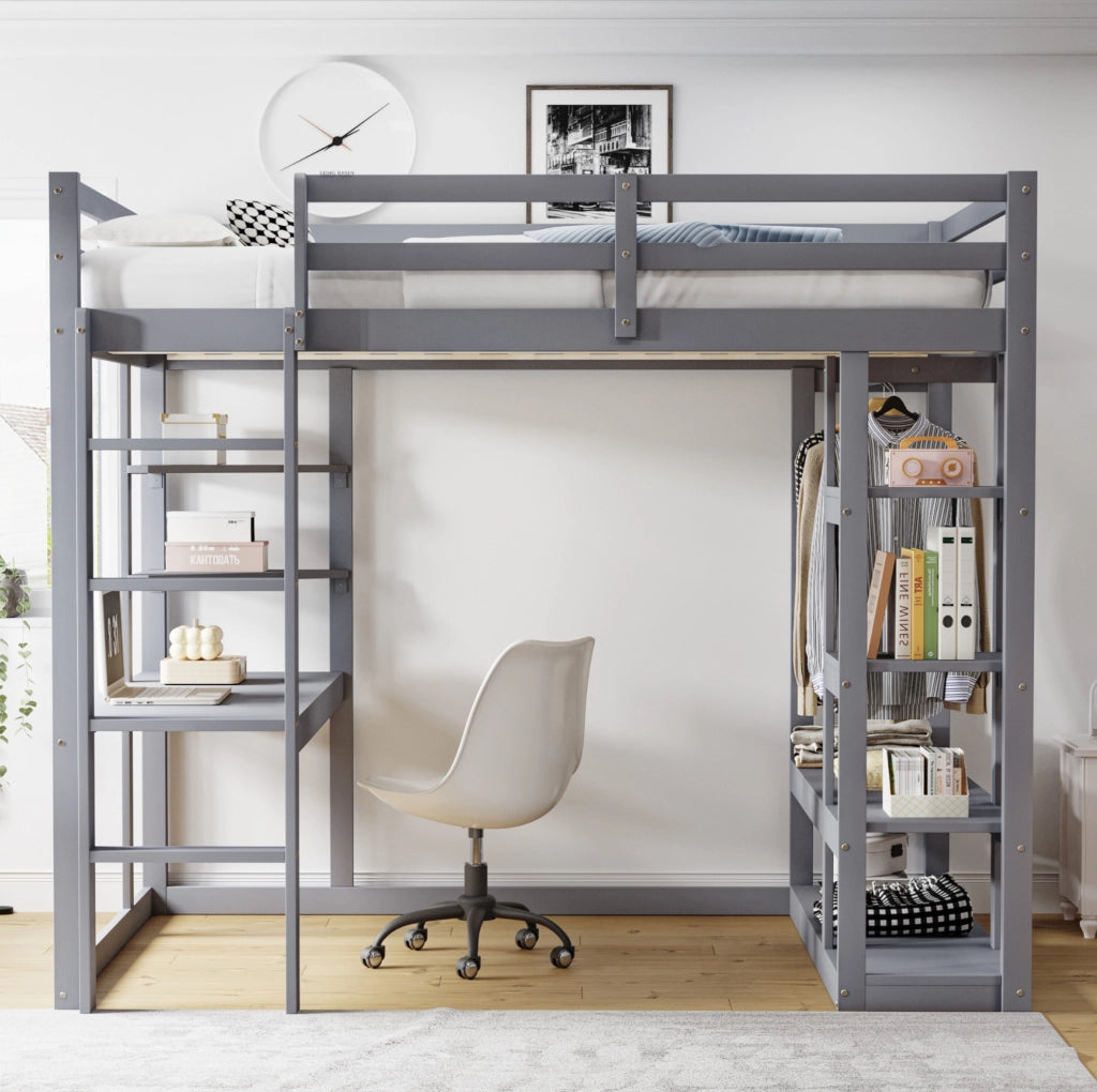 Letto a soppalco grigio 140x200 cm in legno con scrivania; scaffali e scala