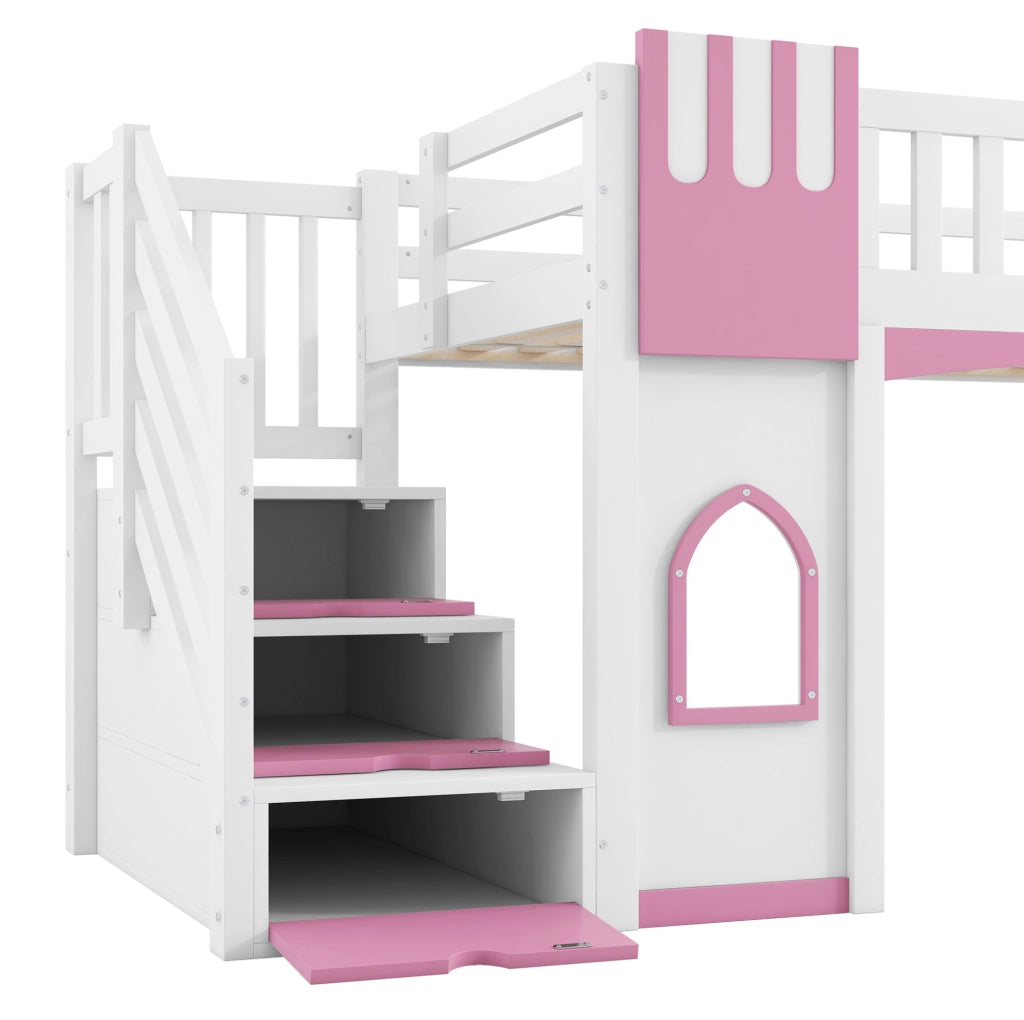 Letto a soppalco 90x200 cm con scala contenitore e finestre in MDF; pino e compensato bianco e rosa