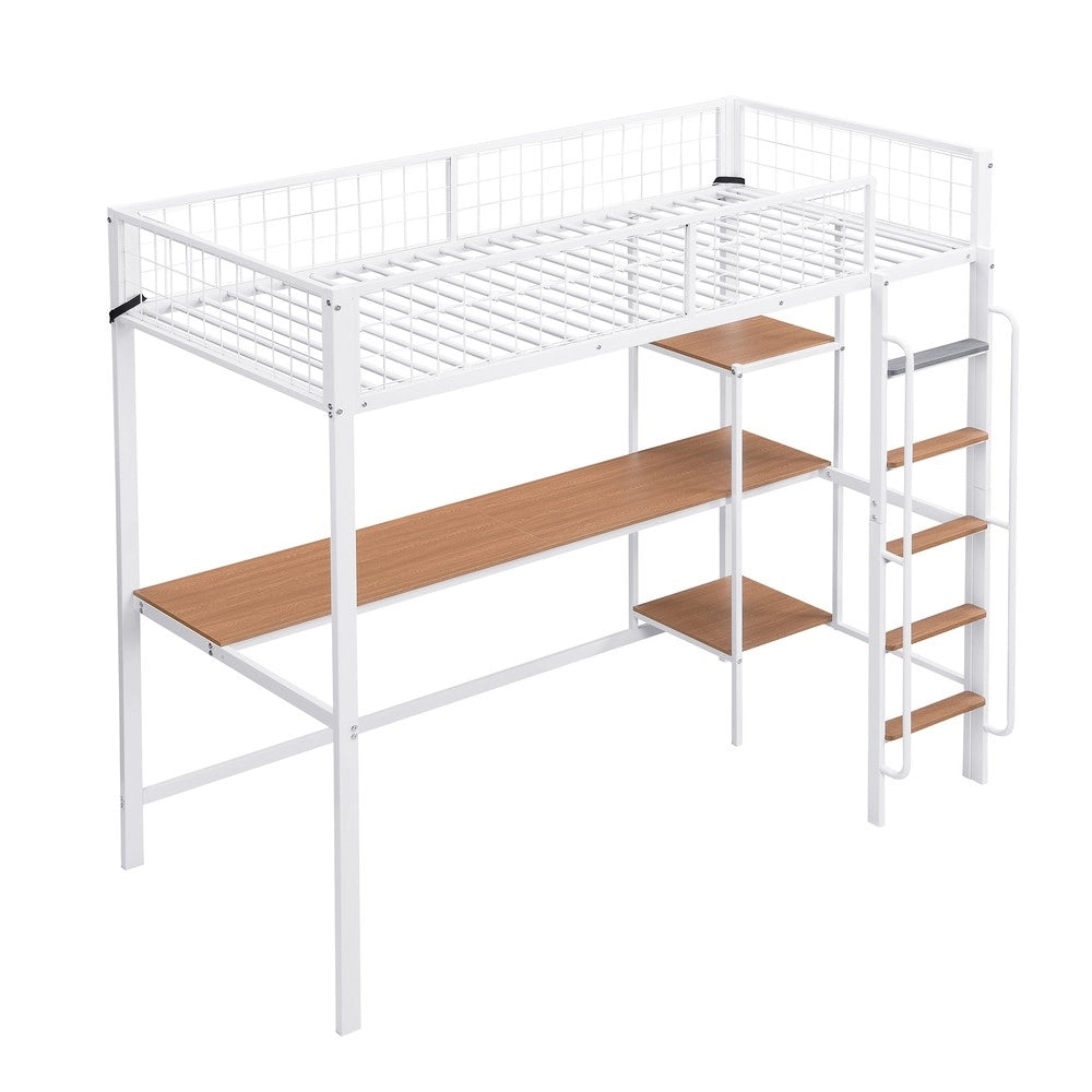 Letto a Castello con Tavolo e Scaffali ¨C MINIMAL ¨C Ferro e MDF, Bianco e Naturale, 90x200