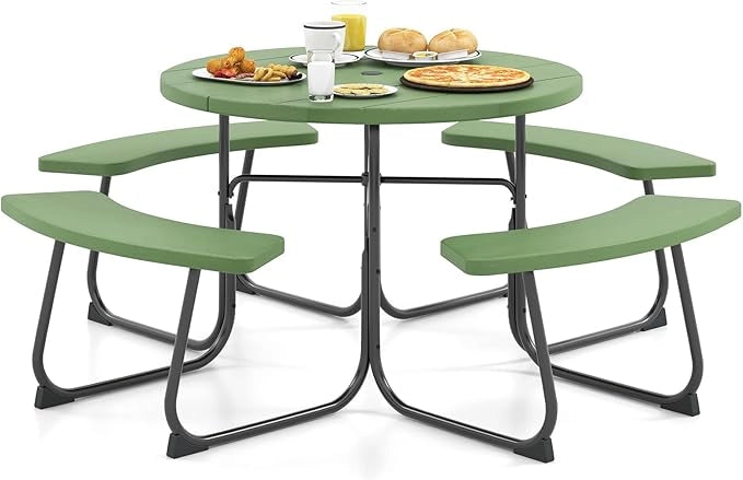 Set da giardino da picnic per 8 persone, tavolo da giardino rotondo con 4 panche, tavolo da birra con foro per ombrellone, set da giardino in HDPE, set per panca da birra (verde)