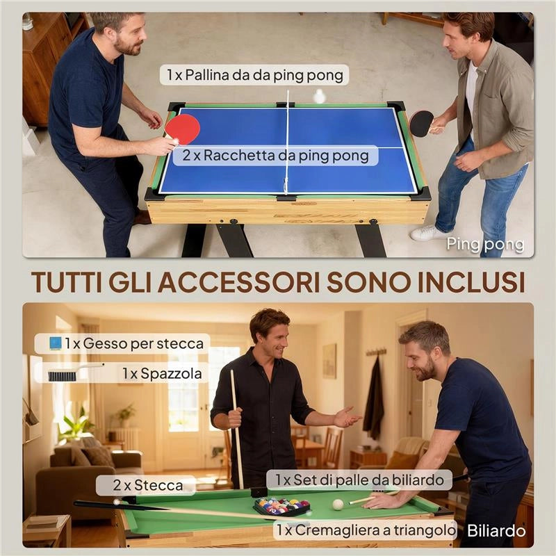 TAVOLO DA GIOCO 13 IN 1 PIEGHEVOLE CON CALCIOBALILLA, PING PONG, HOCKEY, BILIARDO, SCACCHI E ALTRI, NOCE