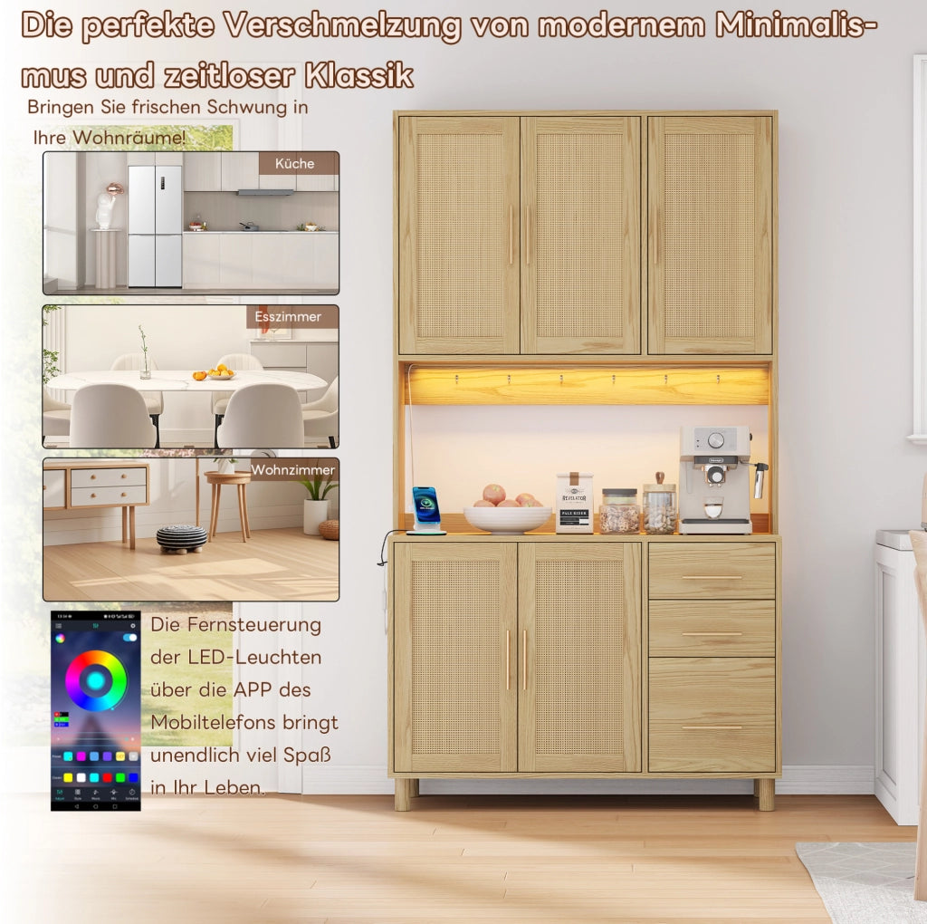 Credenza da cucina con LED multicolore controllabile via app; 100x40x183 cm; MDF naturale