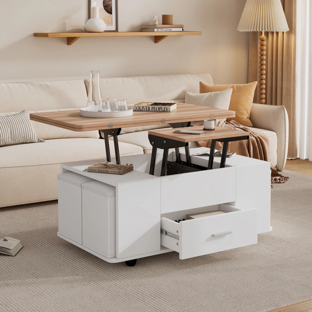 Tavolino da salotto sollevabile e allungabile con 4 sgabelli contenitore, bianco e effetto legno, 100x50 cm