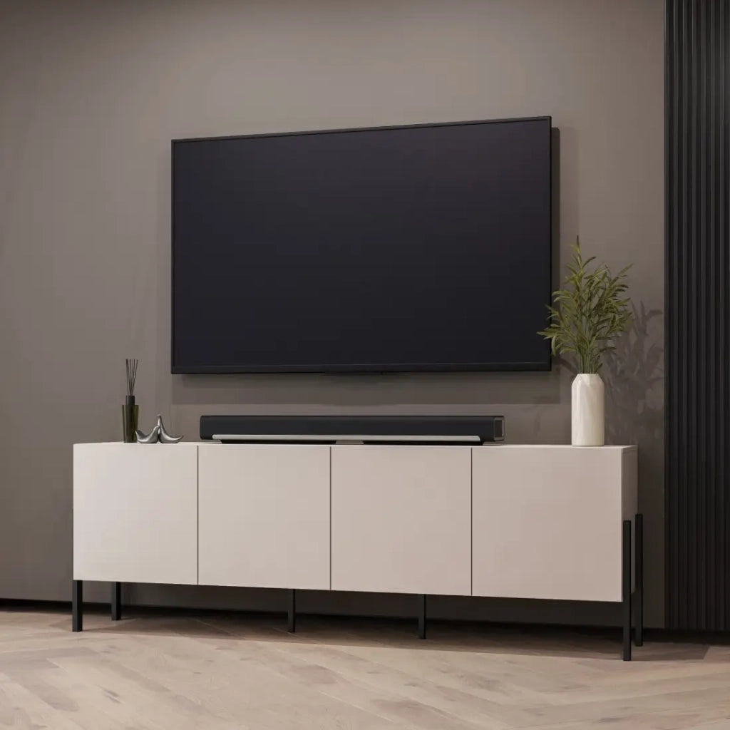 Buffet SALMA 4 porte Push-to-Open – beige & nero opaco, 204×70×40 cm