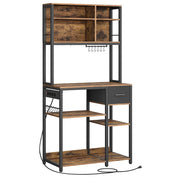 Mensola da cucina con multipresa bar con ripiani regolabili cassetto in tessuto 12 ganci 40 x 80 x 180 cm supporto per microonde marrone rustico e nero inchiostro 12_0005657