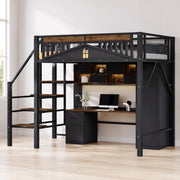Letto a soppalco 140x200 cm in metallo con scala di sicurezza e spazio sottostante; nero