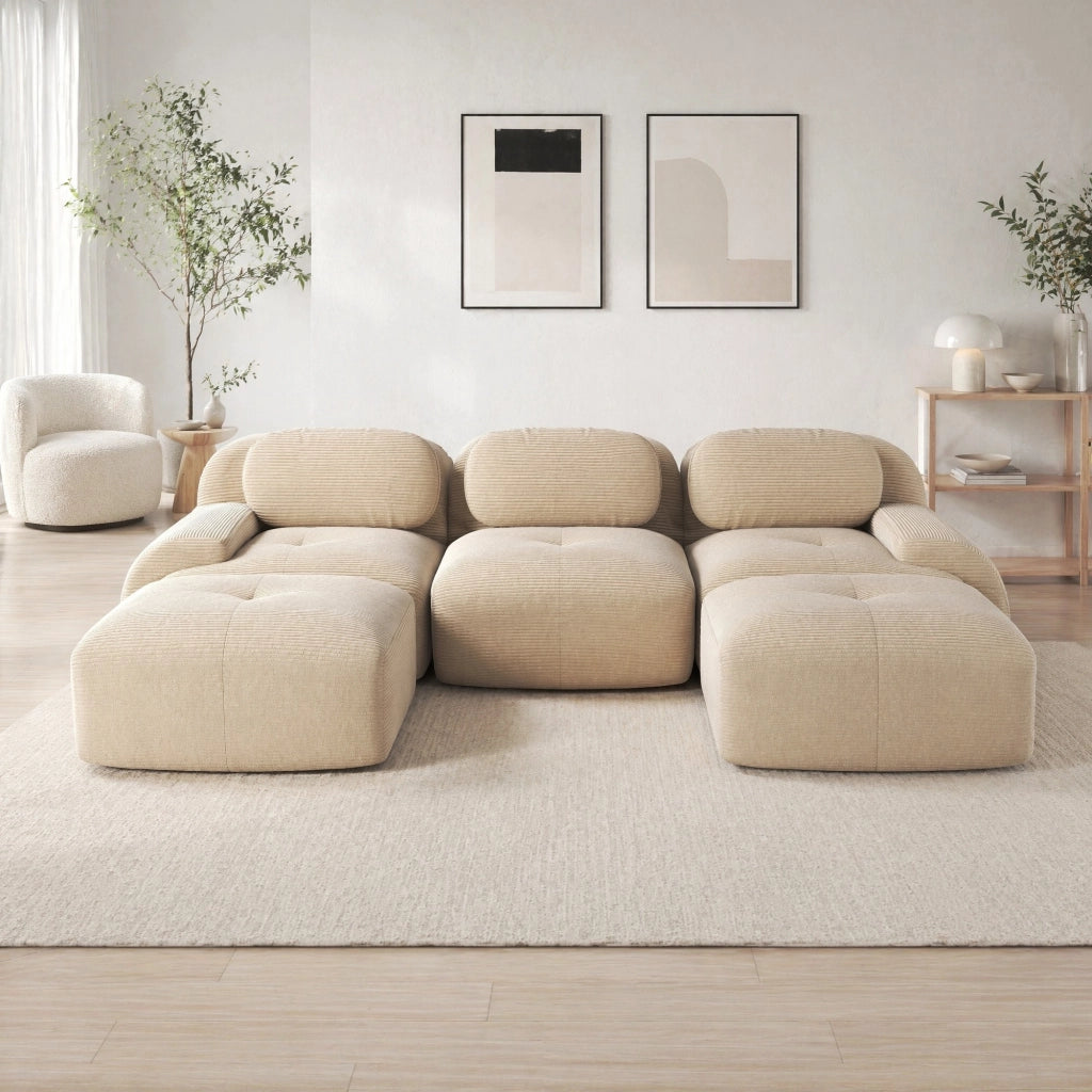 Divano modulare angolare frameless in tessuto effetto corduroy; beige
