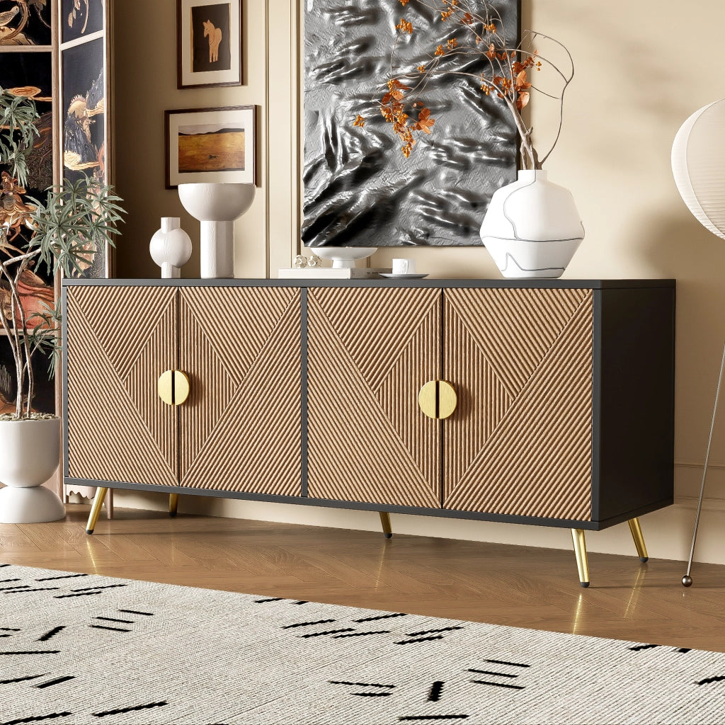 OKWISH Madia con 4 Ante e Cerniere con Chiusura Ammortizzata per Soggiorno o Sala da Pranzo, MDF e Truciolare, Nero e Legno, 160 x 40 x 75 cm