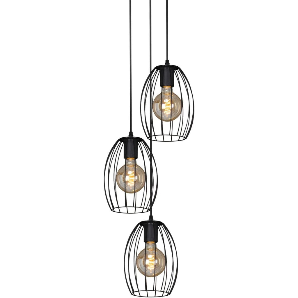Lampadario Vintage Industrial Waktu Metallo Nero Legno Marrone 3 Luci E27