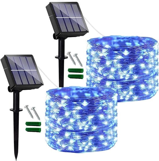 Set di 2 - Filo di luce alimentato da energia solare per esterni 120 led 12 m 40 ft impermeabile all'acqua 8 modi di decorazione per giardino terrazza casa Natale matrimoni feste (blu)