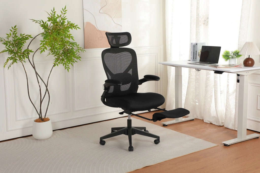 Chaise de bureau ergonomica pieghevole con supporto lombare e poggiatesta 3D in schiuma nera 65 × 61 × 40,5 cm
