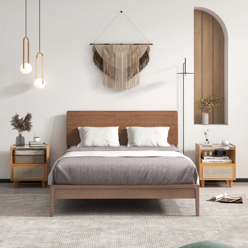 Comodino in bamb¨´ e rattan con cassetto e gambe in legno massello, Tavolino da salotto boho 43x35x50cm Naturale 2 Pezzi-Comodini