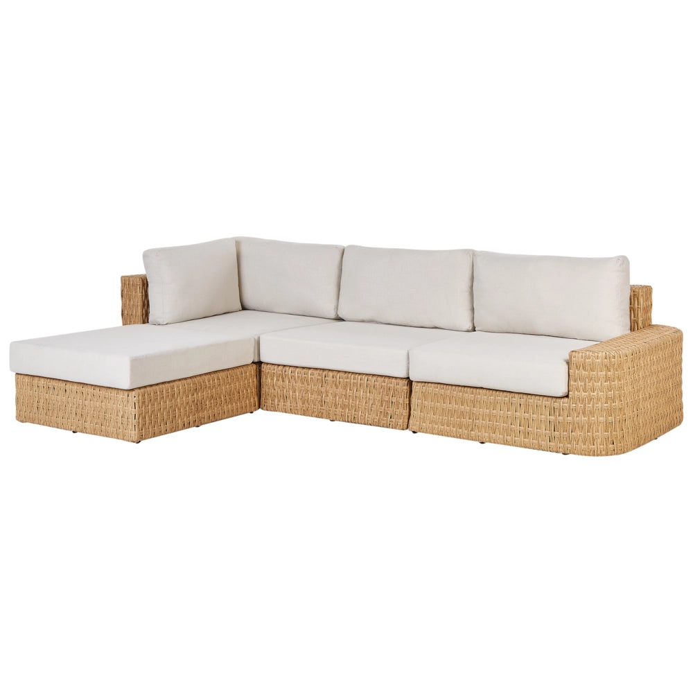 Set da giardino con divano a 4 posti  lato destro in rattan sintetico PE, tavolino con piano a vassoio e cuscini beige