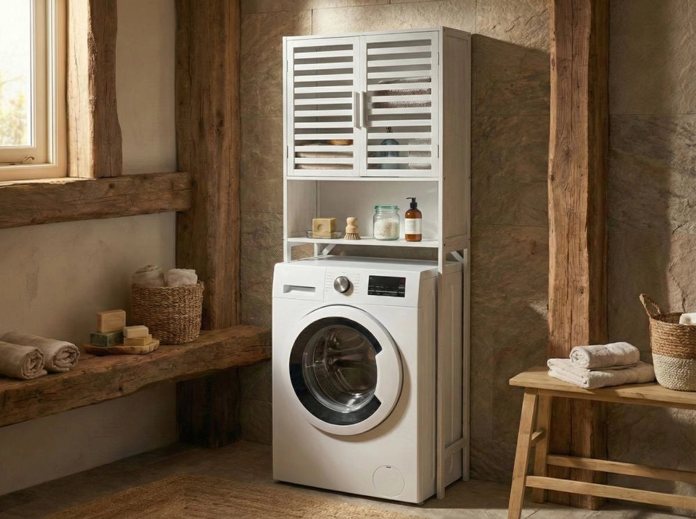 Mobile da bagno in bambù sopra la lavatrice bianco per il bagno Stile minimalista