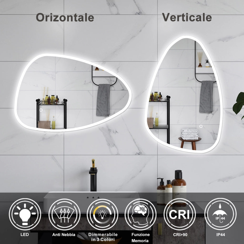 AICA Specchio da bagno 120 x 80 cm, dimmerabile, Funzione Memoria, antiappannamento, 3 colori