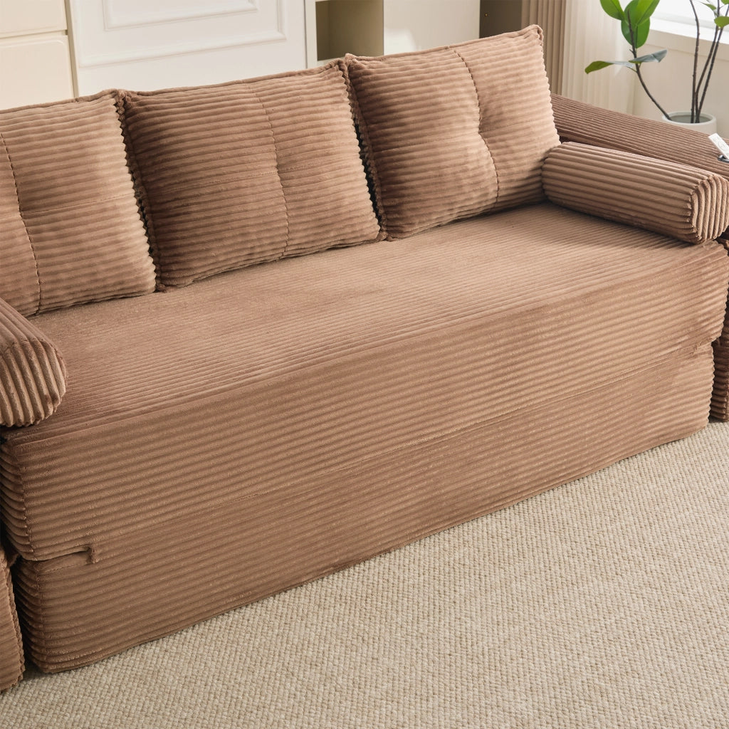Divano letto a 3 posti in corduroy marrone con cuscini memory e tasche laterali 80 × 232 × 98 cm
