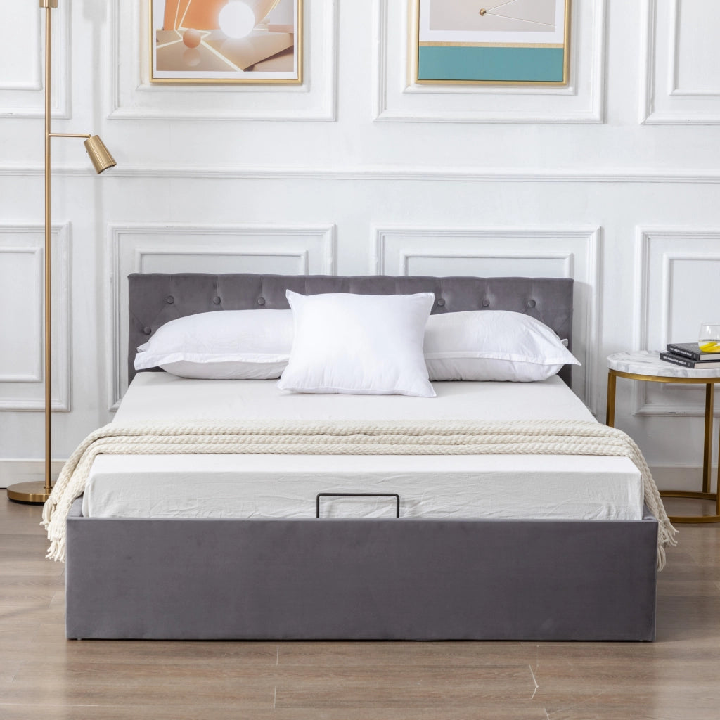 DESMIU Letto contenitore 140 × 200 cm 2 posti con contenitore idraulico, senza materasso, in velluto, grigio