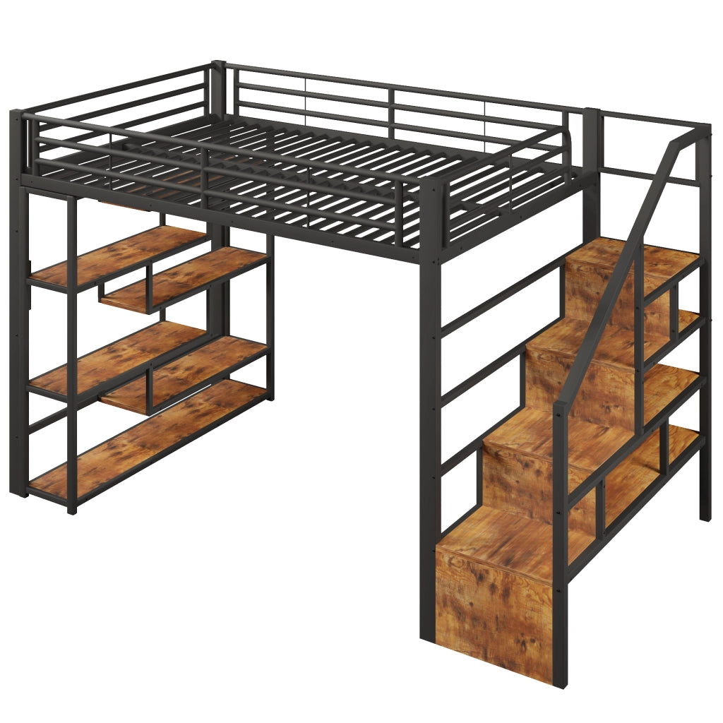 Letto a soppalco 140x200 cm in metallo e MDF con scala integrata; LED e scaffali; nero