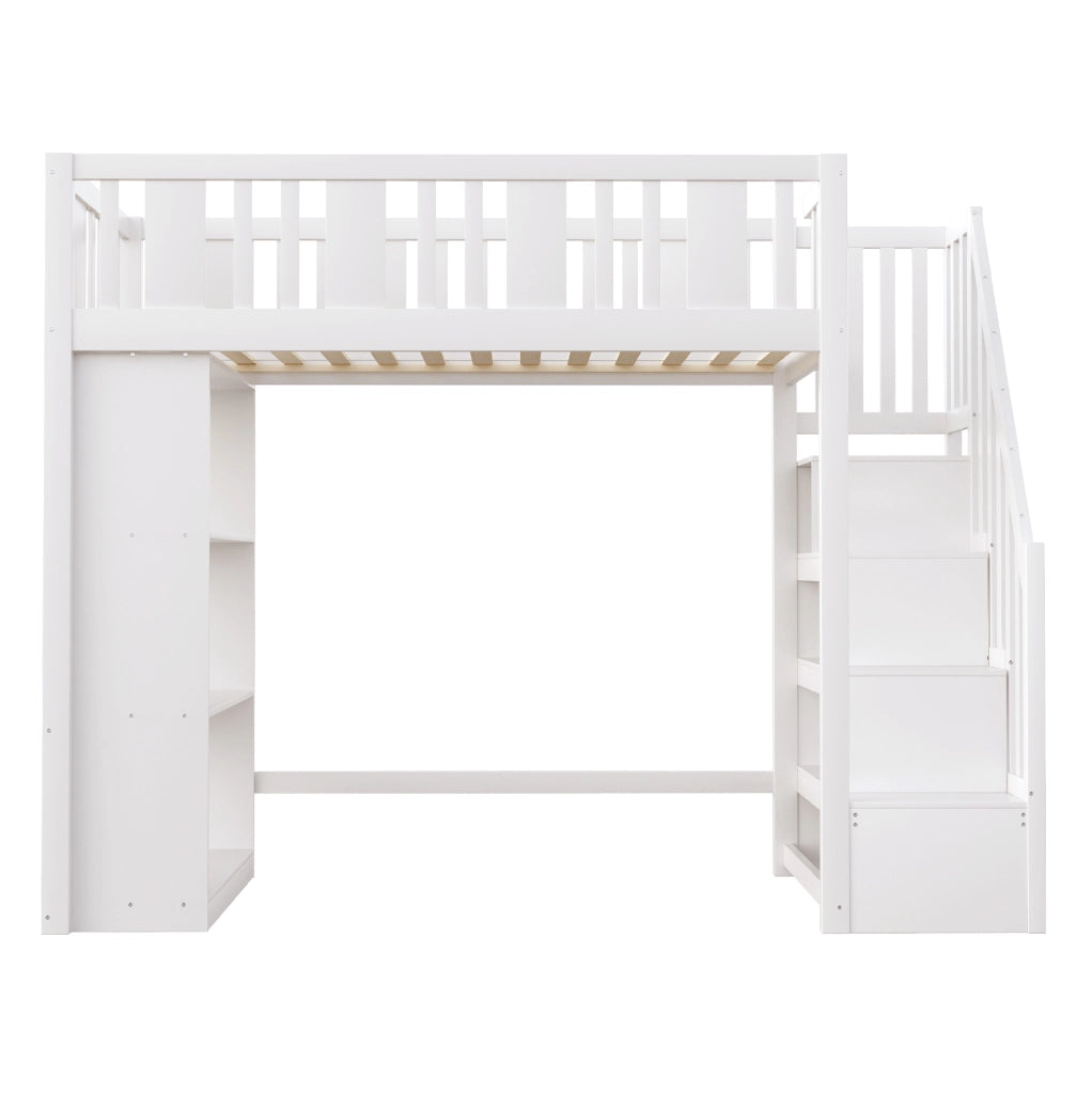Letto a soppalco per bambini 90x200 cm con scala contenitore e 3 vani; bianco