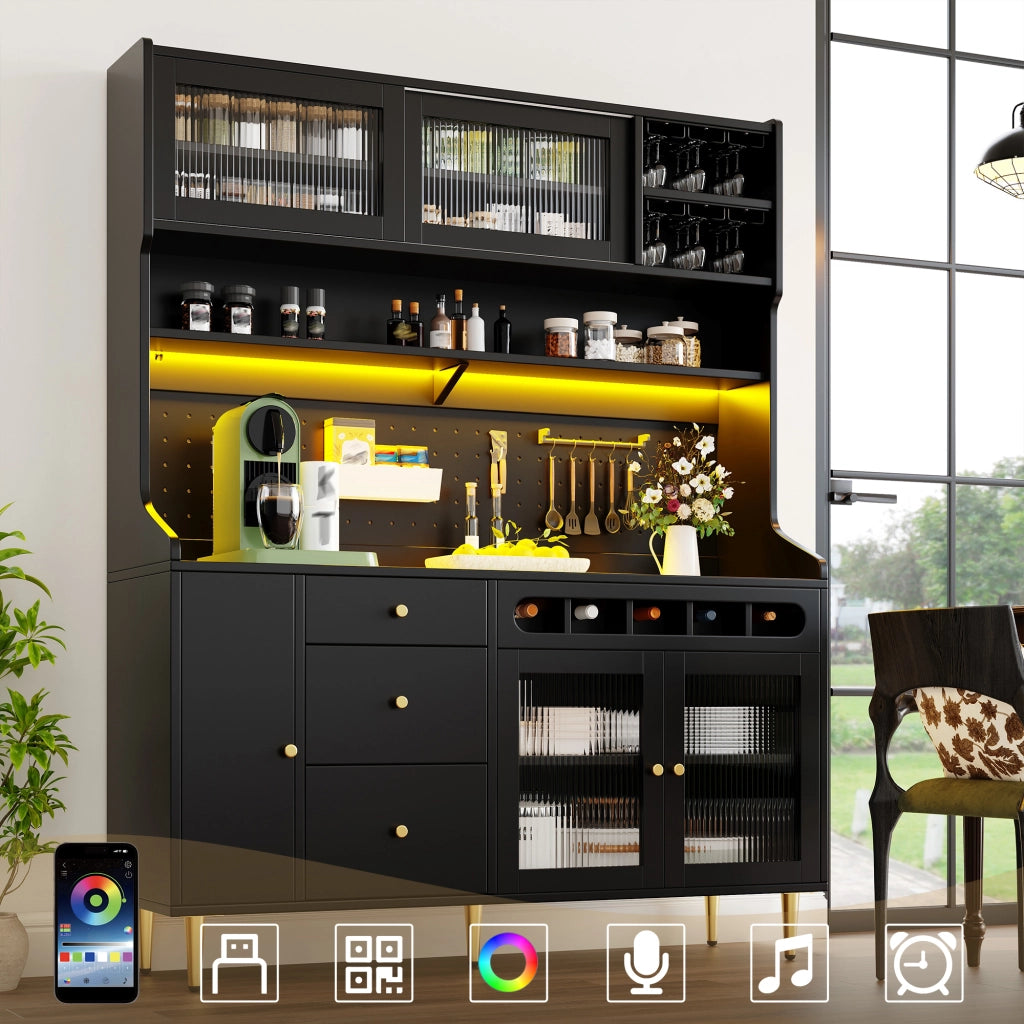 Colonna da cucina con LED, ripiani regolabili e cantinetta estraibile in MDF e vetro nero 145 × 39 × 171 cm